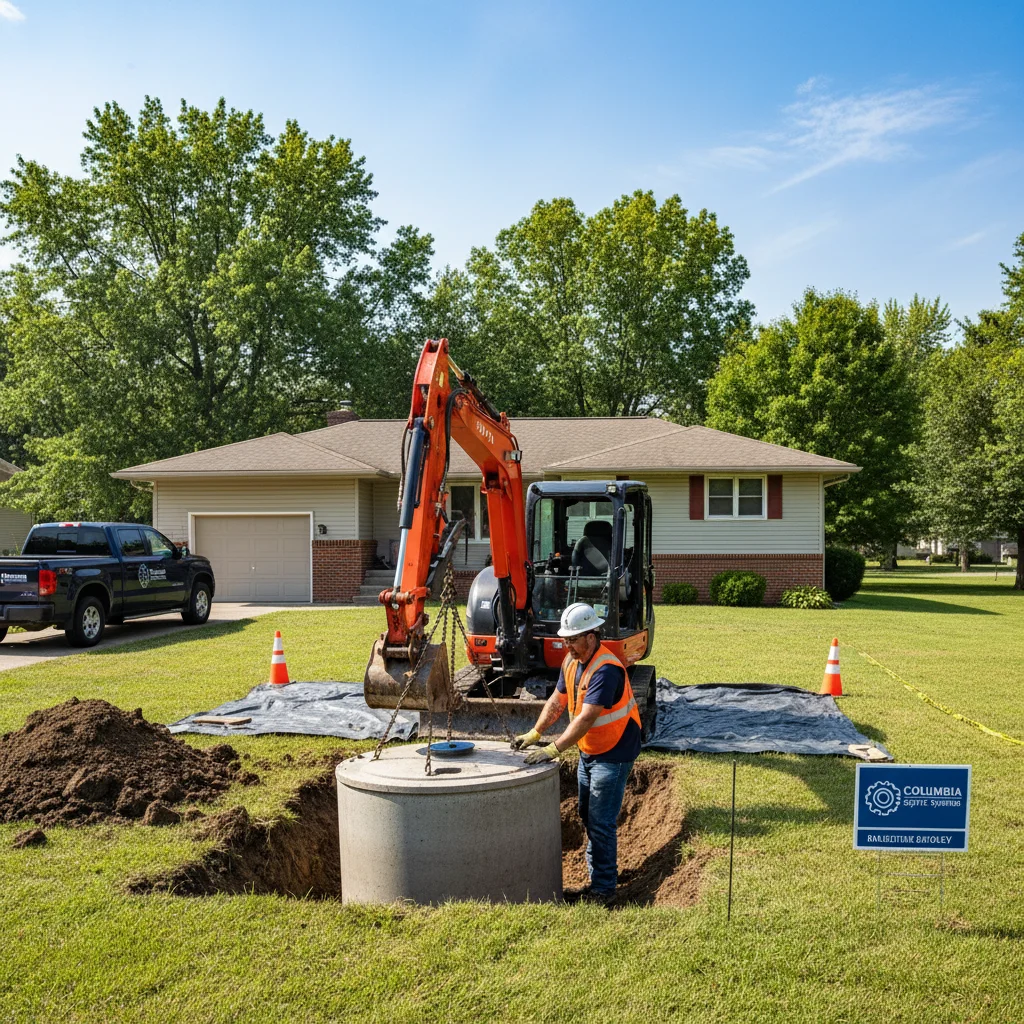 Columbia Septic Systems crew installing a concrete septic tank in a Columbia, MO residential yard