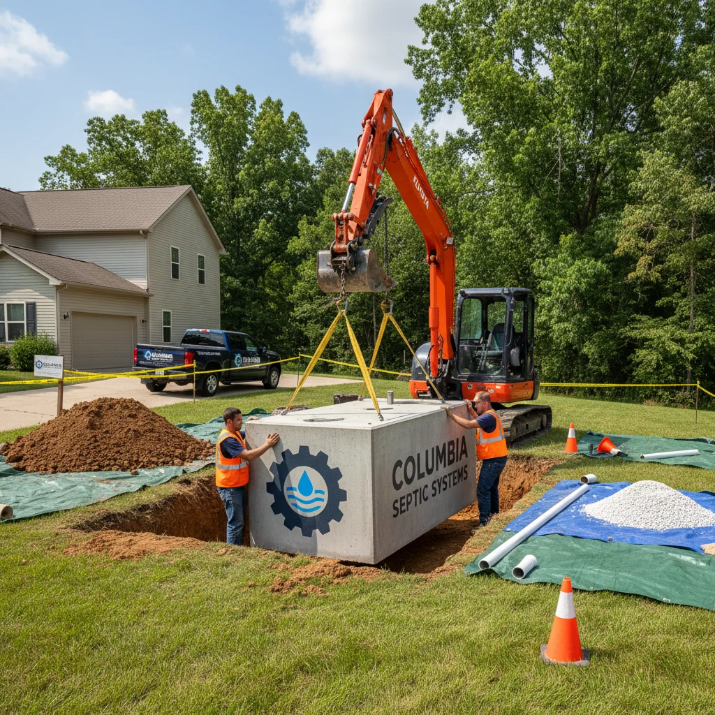 Septic system installation in Columbia, MO — concrete tank being lowered into excavation