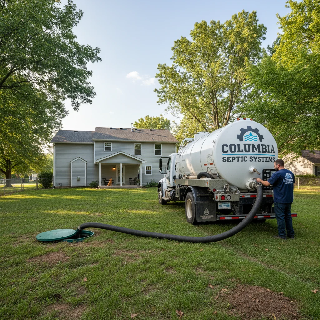 Septic tank pumping truck at a Columbia, MO residence