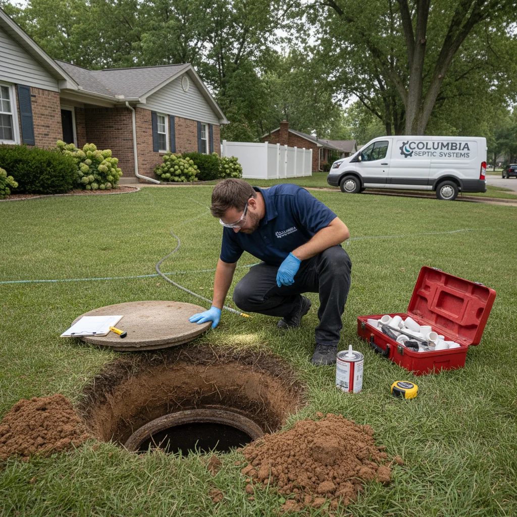 Septic system repair technician diagnosing issue in Columbia, MO
