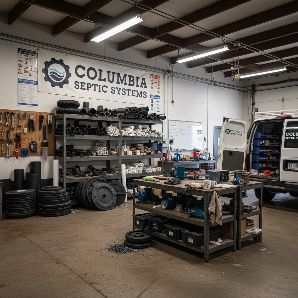Inside the Columbia Septic Systems shop — service vehicles, excavation equipment, and organized tool storage