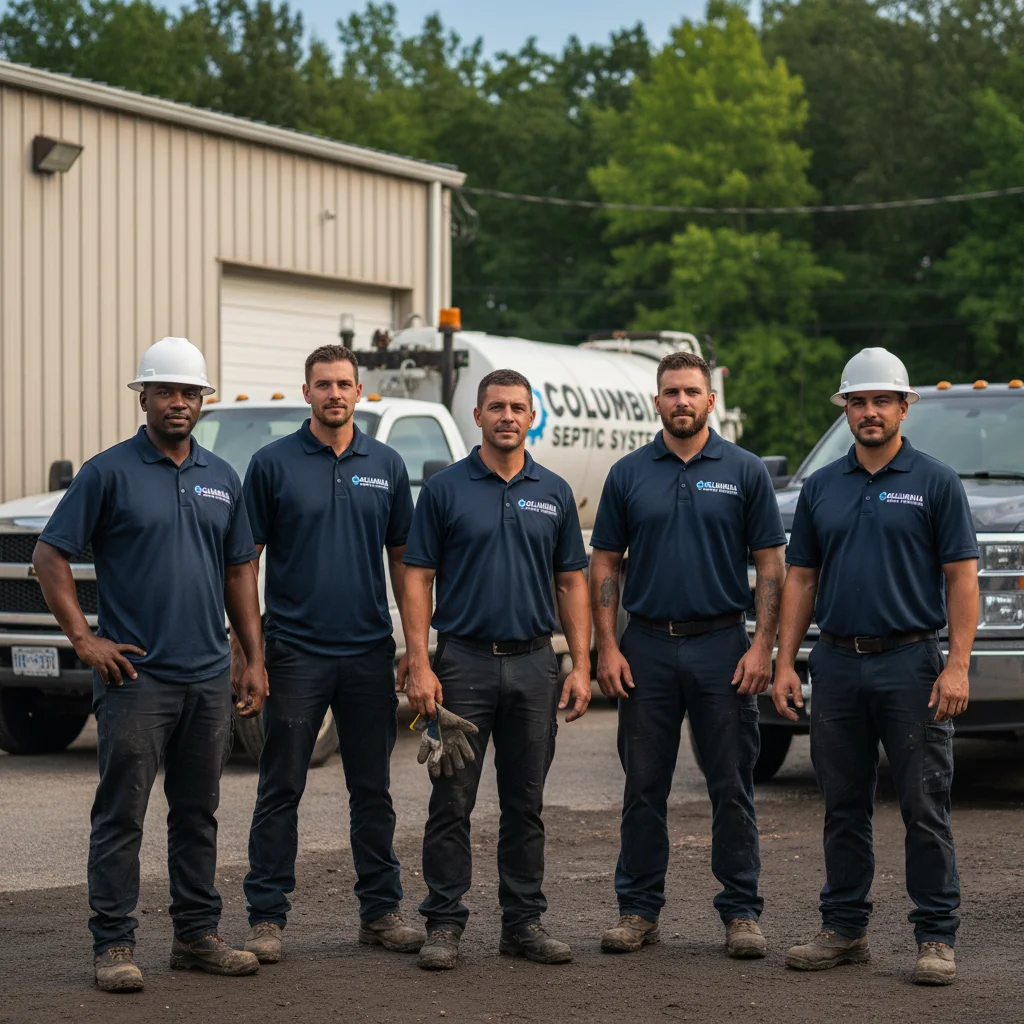 Columbia Septic Systems team standing in front of service trucks in Columbia, MO